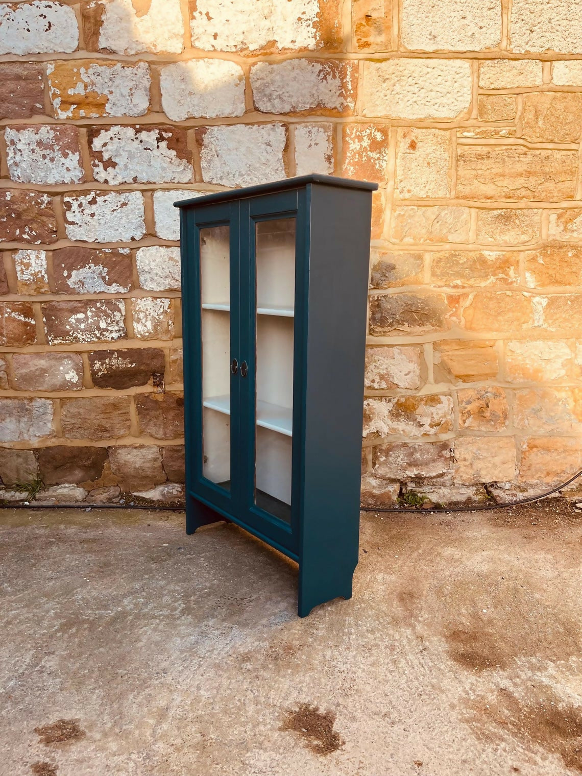 Vintage Glazed Display Cabinet | Hand Painted Teal Green Cupboard | Upcycled Wooden Bookcase | Cottage Kitchen Storage