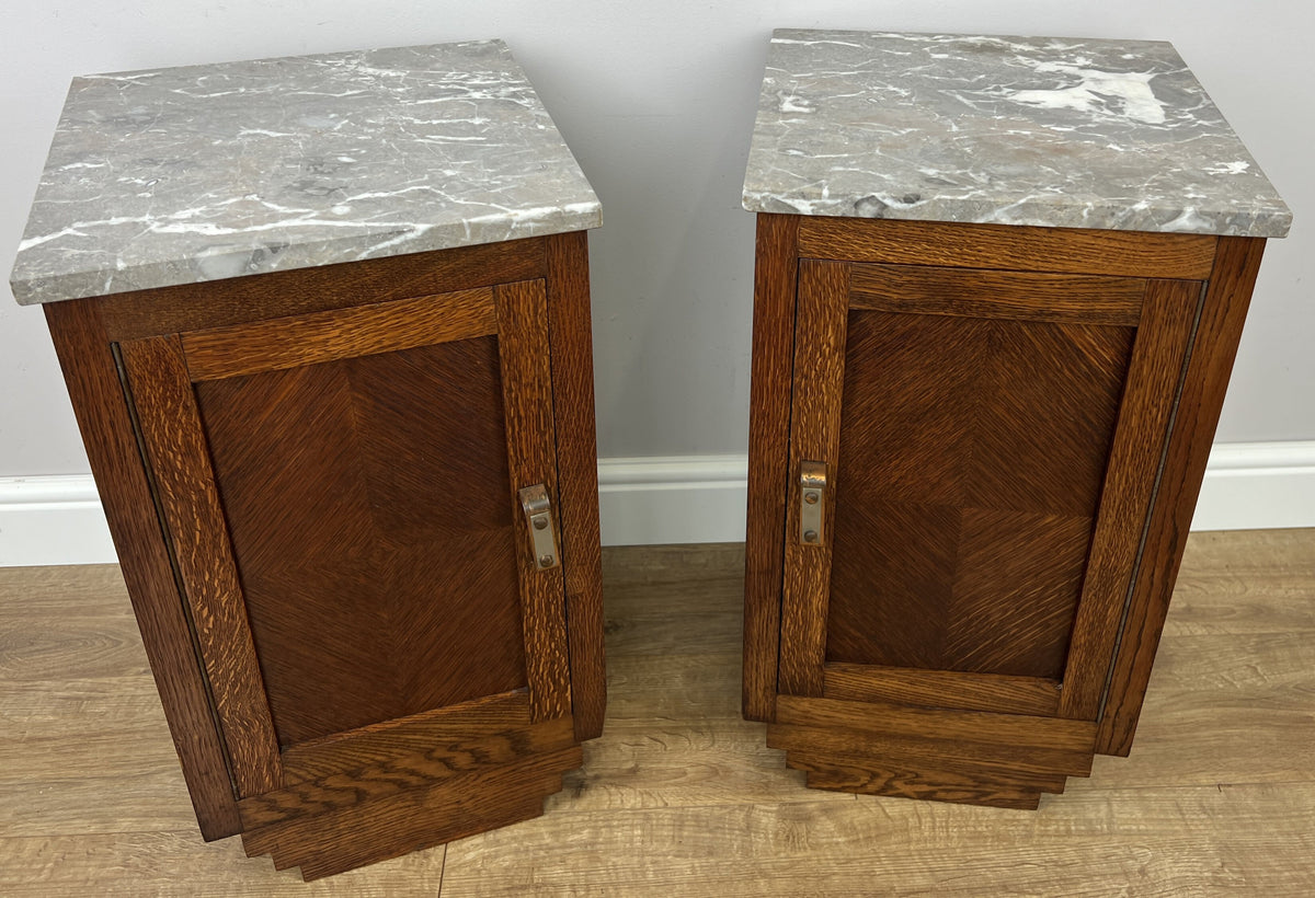 Pair of Bedside Tables Antique French Style Oak Marble Top Cabinets LOT 6573