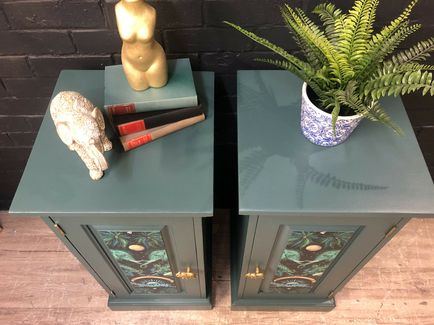 MADE TO ORDER: Pair of green bedside tables with papered fronts