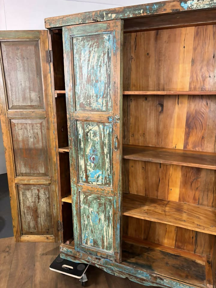 Large Vintage Rustic Indian Triple Door Cupboard in Distressed Blue