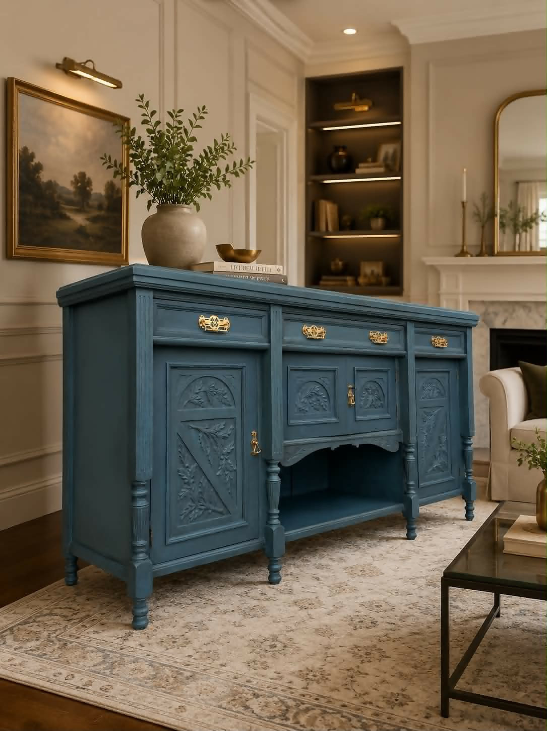 Blue Vintage Carved Sideboard