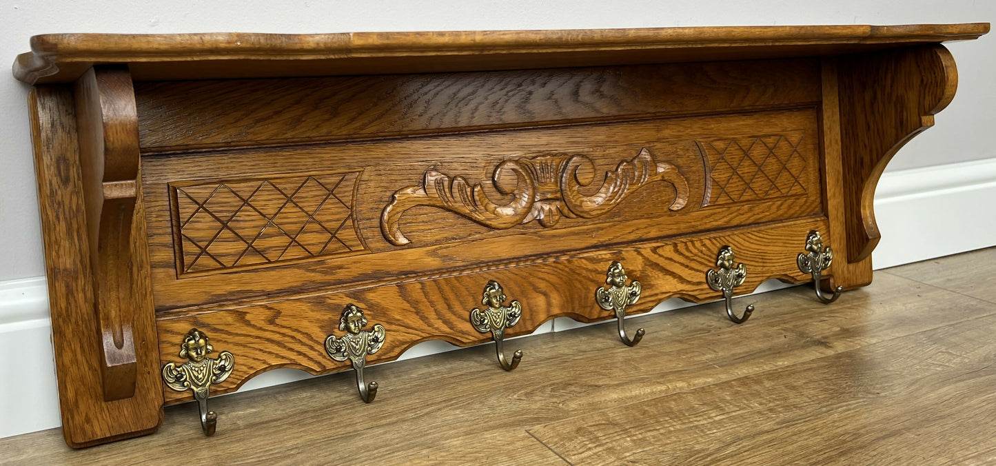 Coat Rack Vintage French Oak Wall Mounted 6 Hooks Carved Rack Hanger LOT 6209
