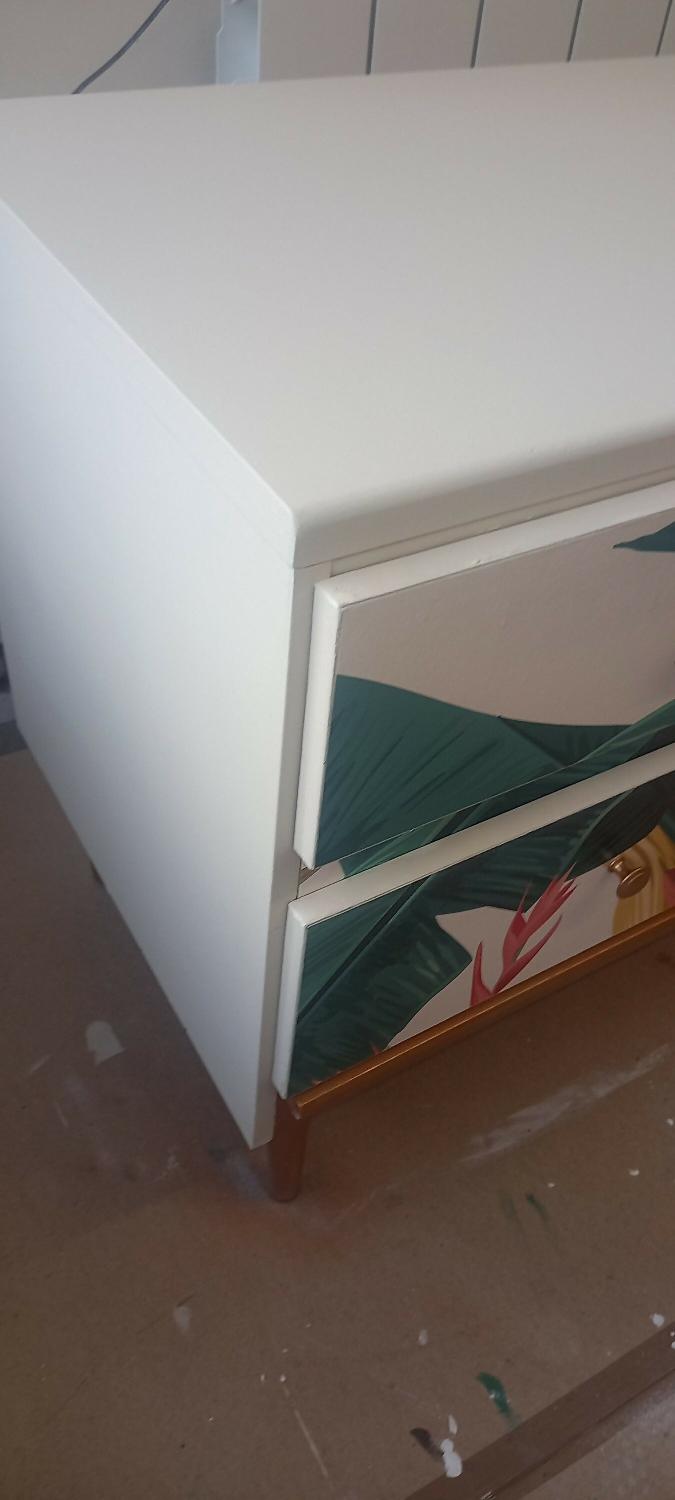 Midcentury Retro Sideboard in White and Tropical Plant Print. Living Room Painted Upcycled Furniture