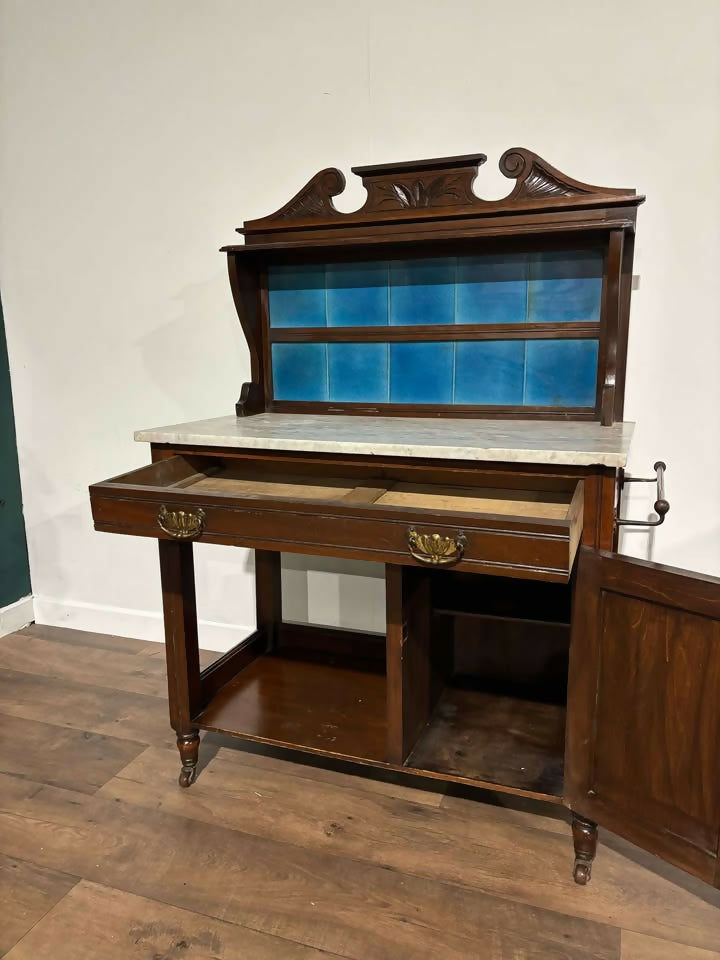 Edwardian Marble Top Washstand with Blue Tiles3