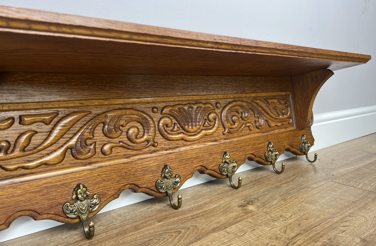 Coat Rack Vintage French Oak 6 Hooks Wall Shelf Carved Coat Hanger LOT 6551