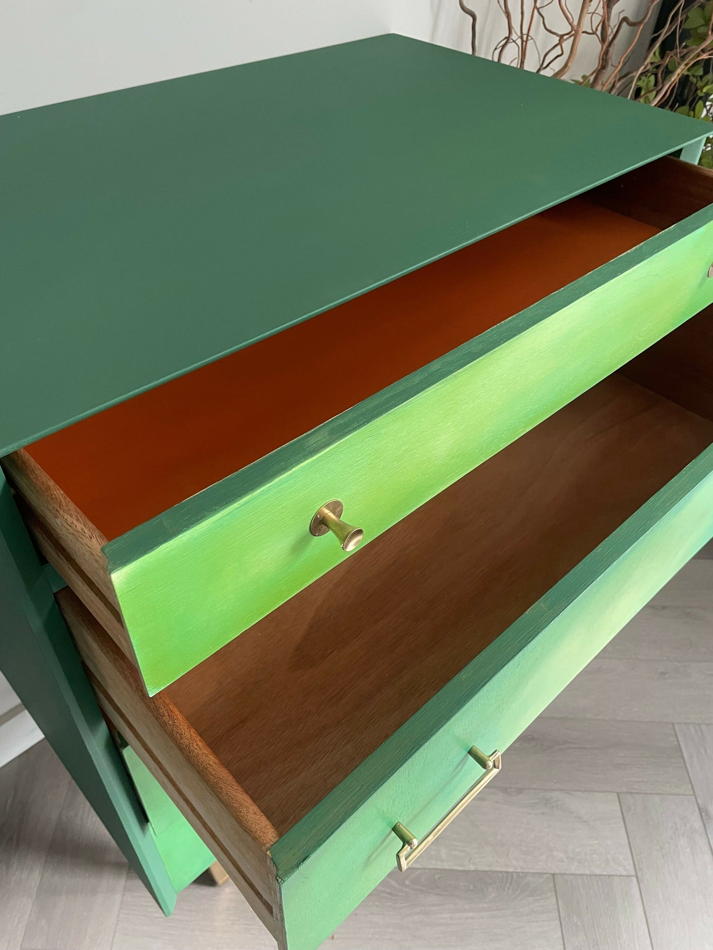 Mid Century Chest of Drawers Hand Painted Green With Gold Legs