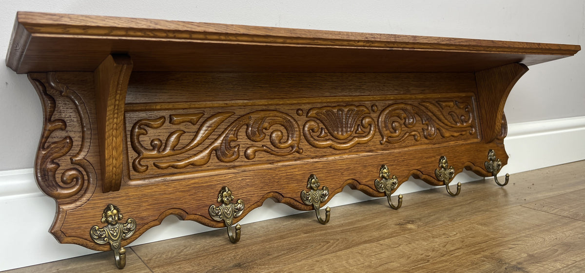 Coat Rack Vintage French Oak 6 Hooks Wall Shelf Carved Coat Hanger LOT 6551