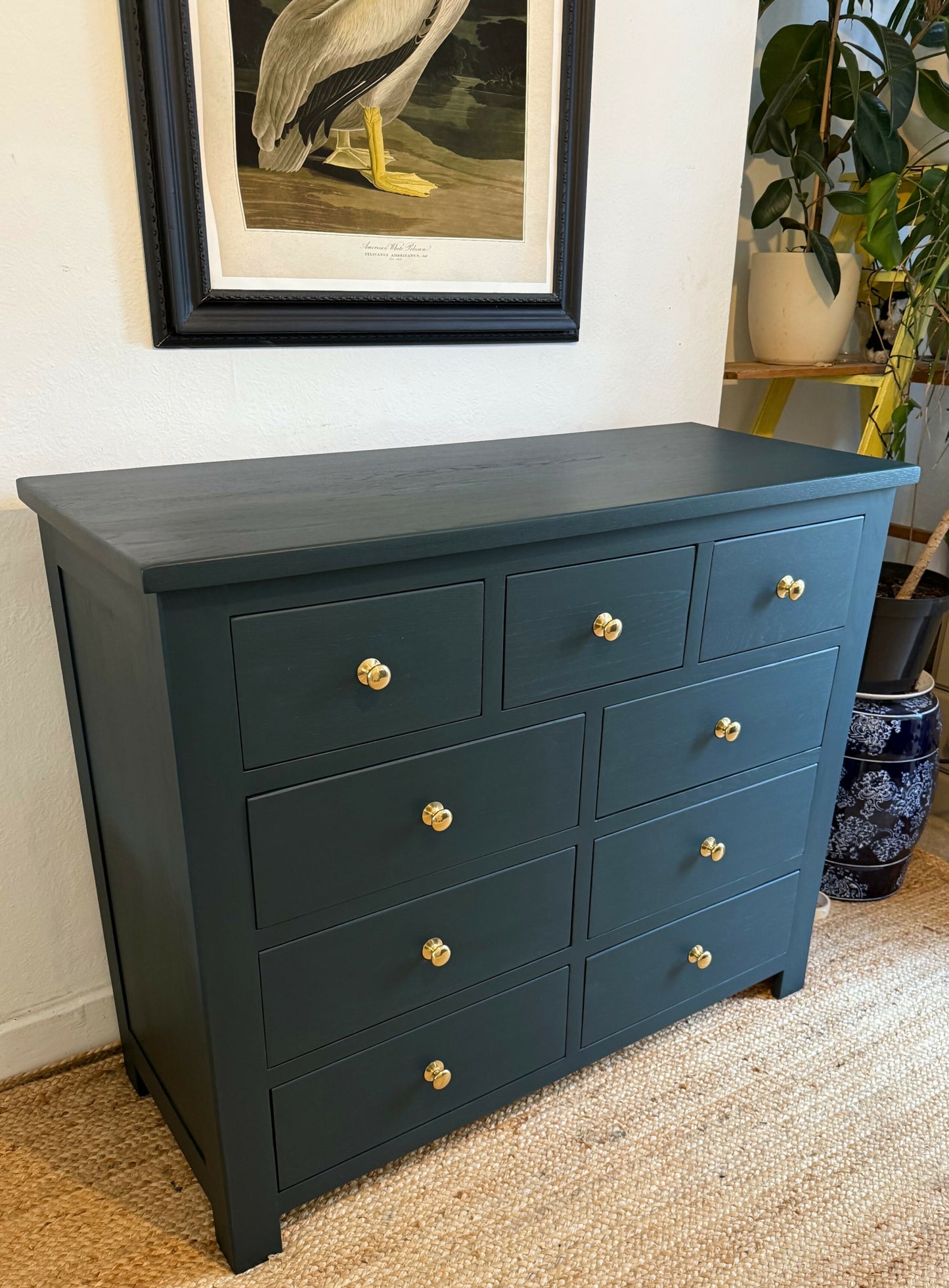 Newly refurbished solid oak chest of drawers bank of drawers dresser blue sideboard