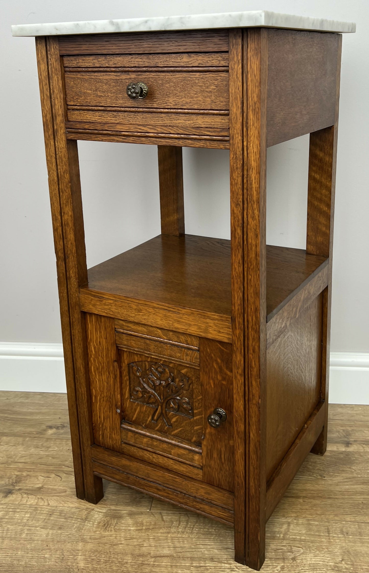 Bedside Table Antique French Style Marble Top Oak Cabinet Nightstand LOT 6241