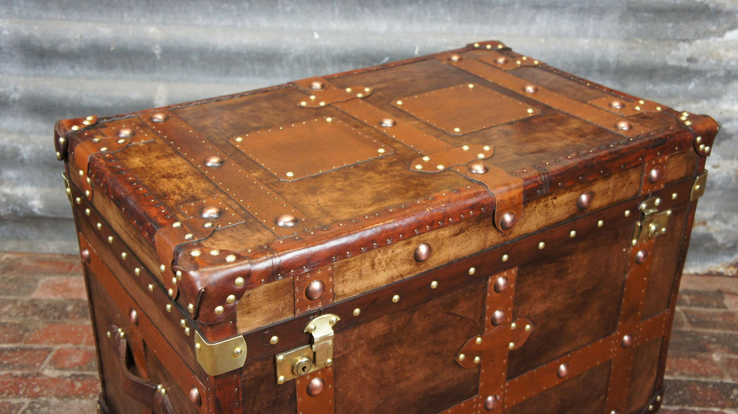 Antique Inspired English Leather Steamer Trunk Interior Coffee Table End Table