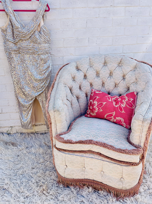Stunning Vintage Hollywood Revival Scalloped Armchair In Pink And Blue