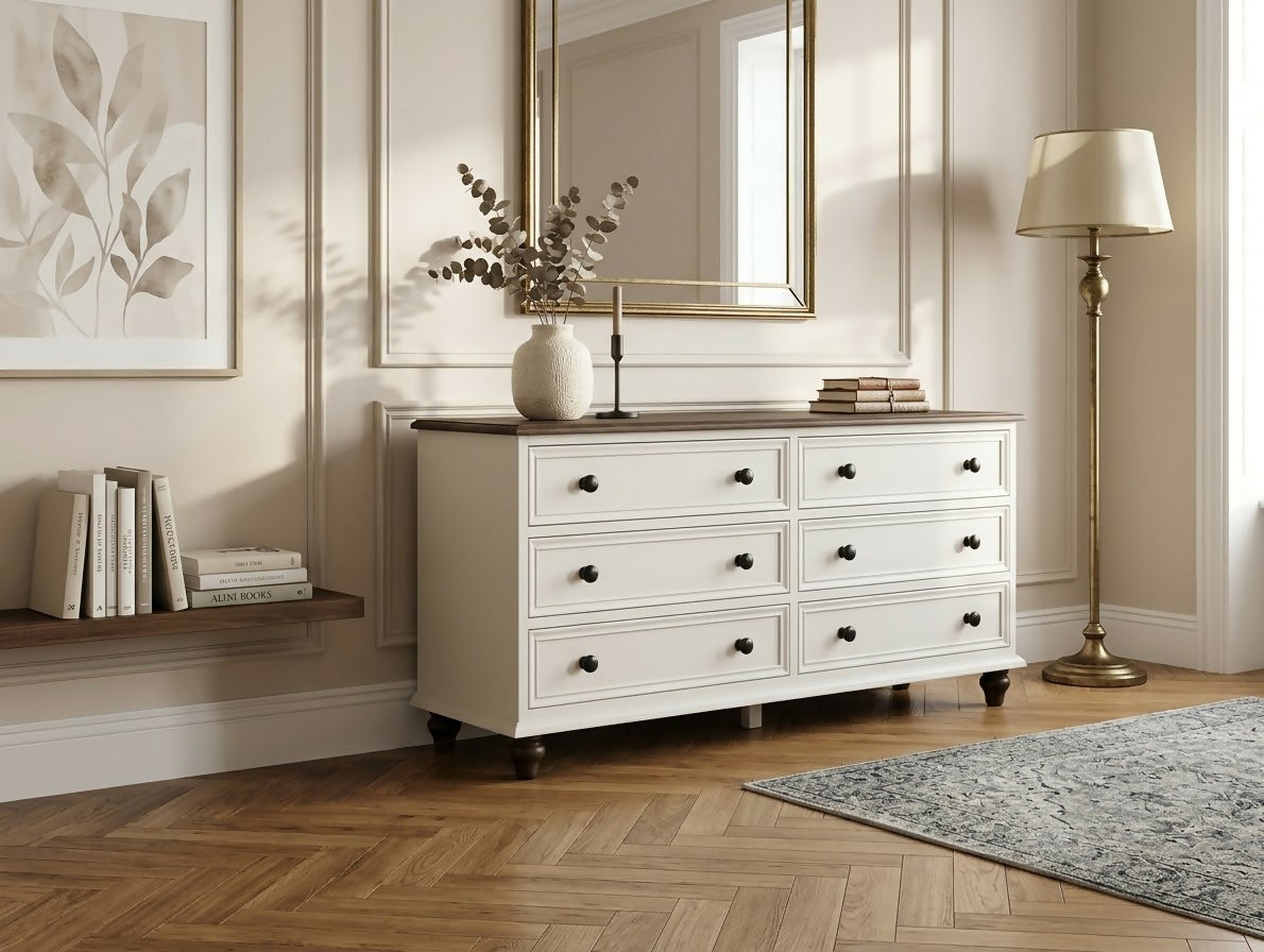 Solid pine rustic off white taupe chest of drawers merchant low boy sideboard