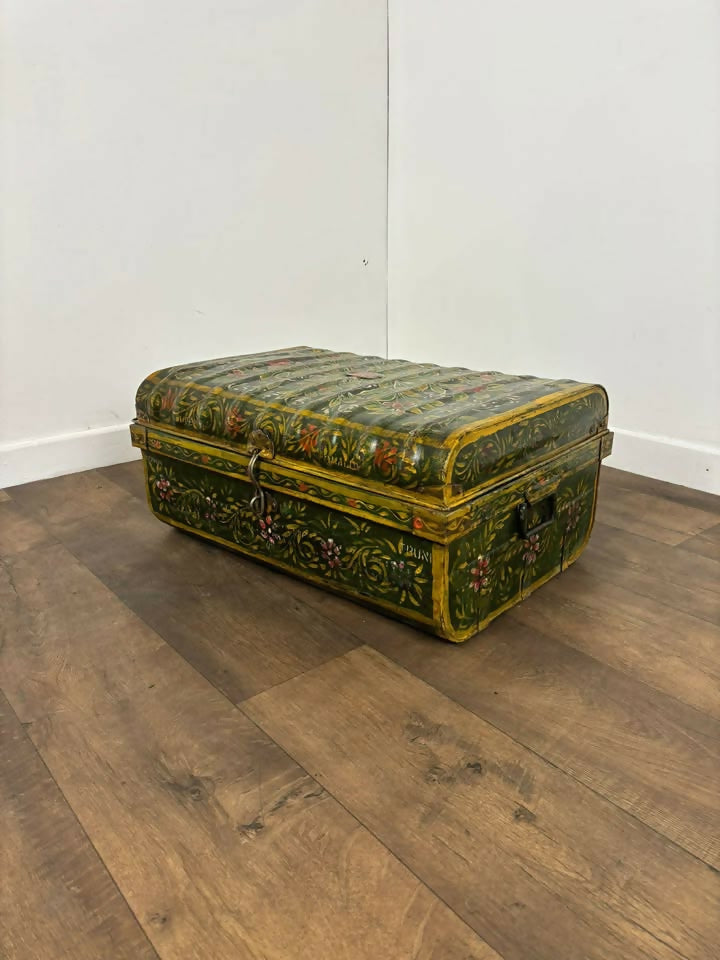 Vintage Indian Reclaimed Hand Painted Metal Trunk