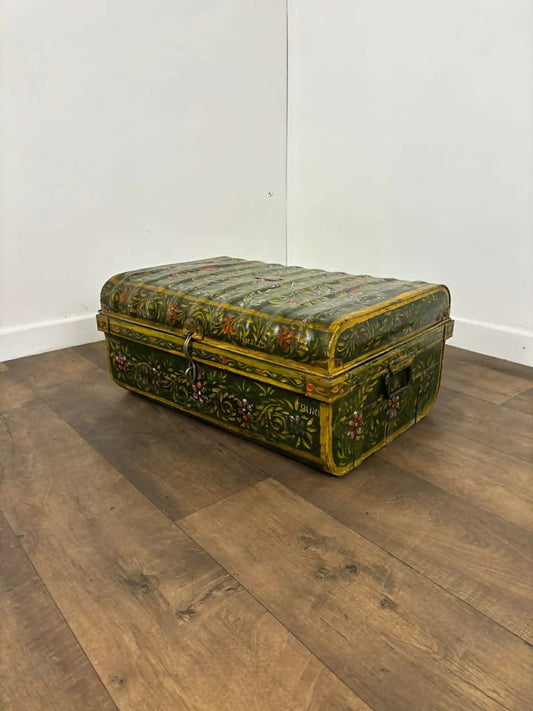 Vintage Indian Reclaimed Hand Painted Metal Trunk