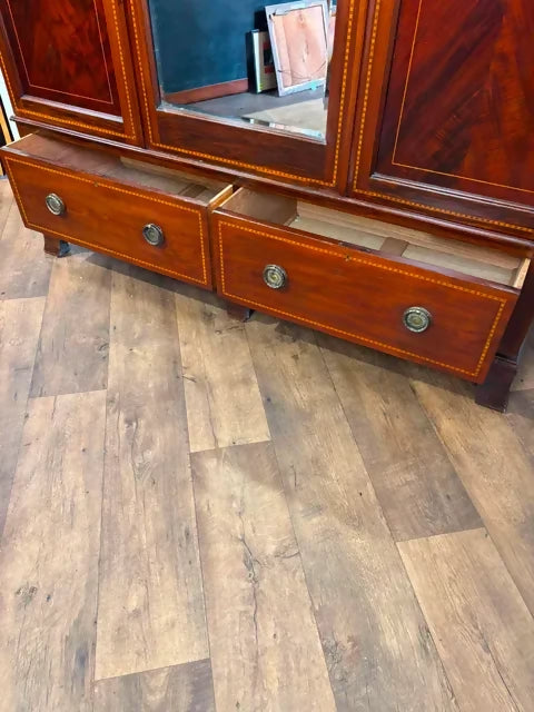 Edwardian Mahogany Inlaid Wardrobe / Armoire with Mirror & Drawers