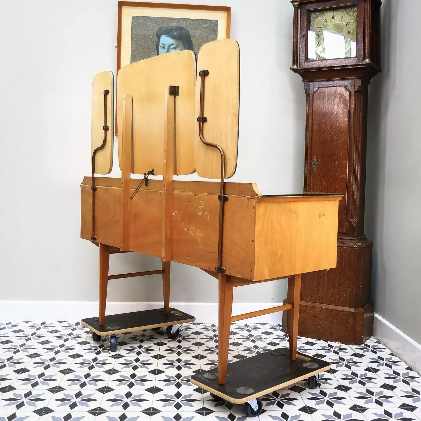 Alfred Cox Dressing Table in Walnut for Heals with Triple Mirror and Glass Top.