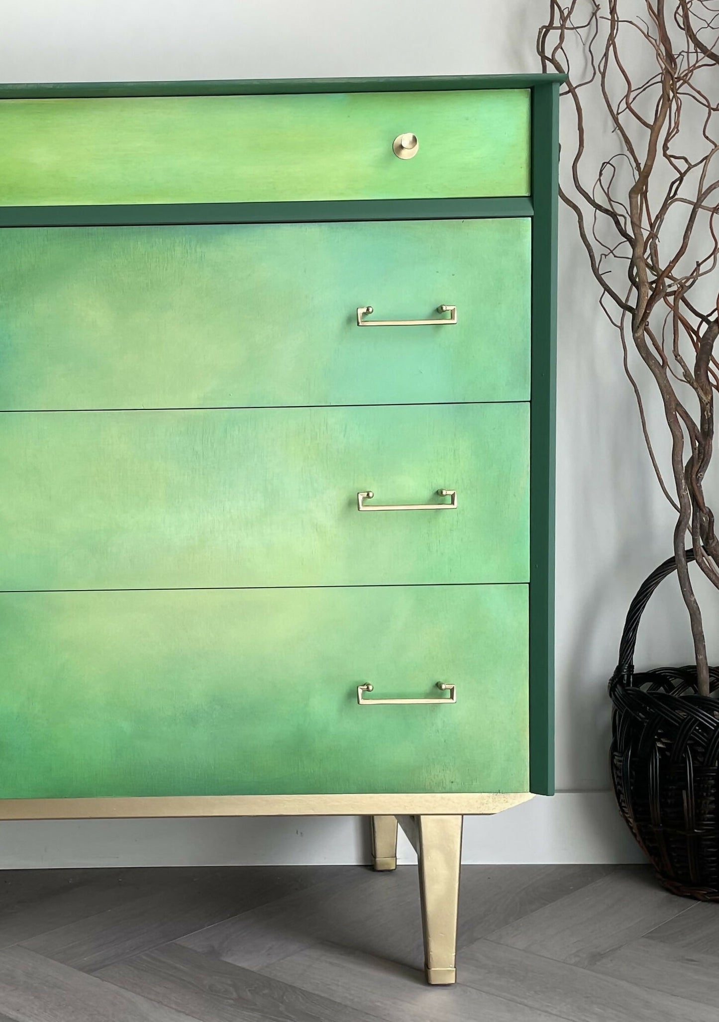 Mid Century Chest of Drawers Hand Painted Green With Gold Legs
