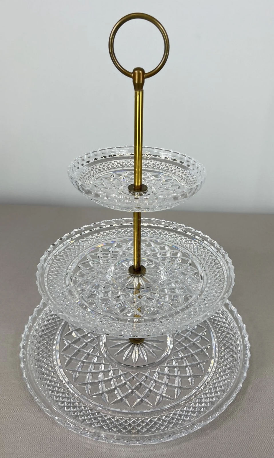 Cake Stand Vintage French Crystal Three Tier Serving Stand Brass Handle LOT 3600