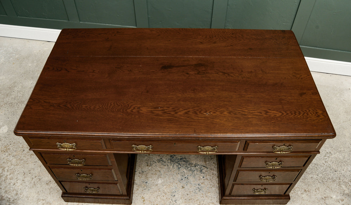 Large Antique Oak Pedestal Desk - Solid Oak