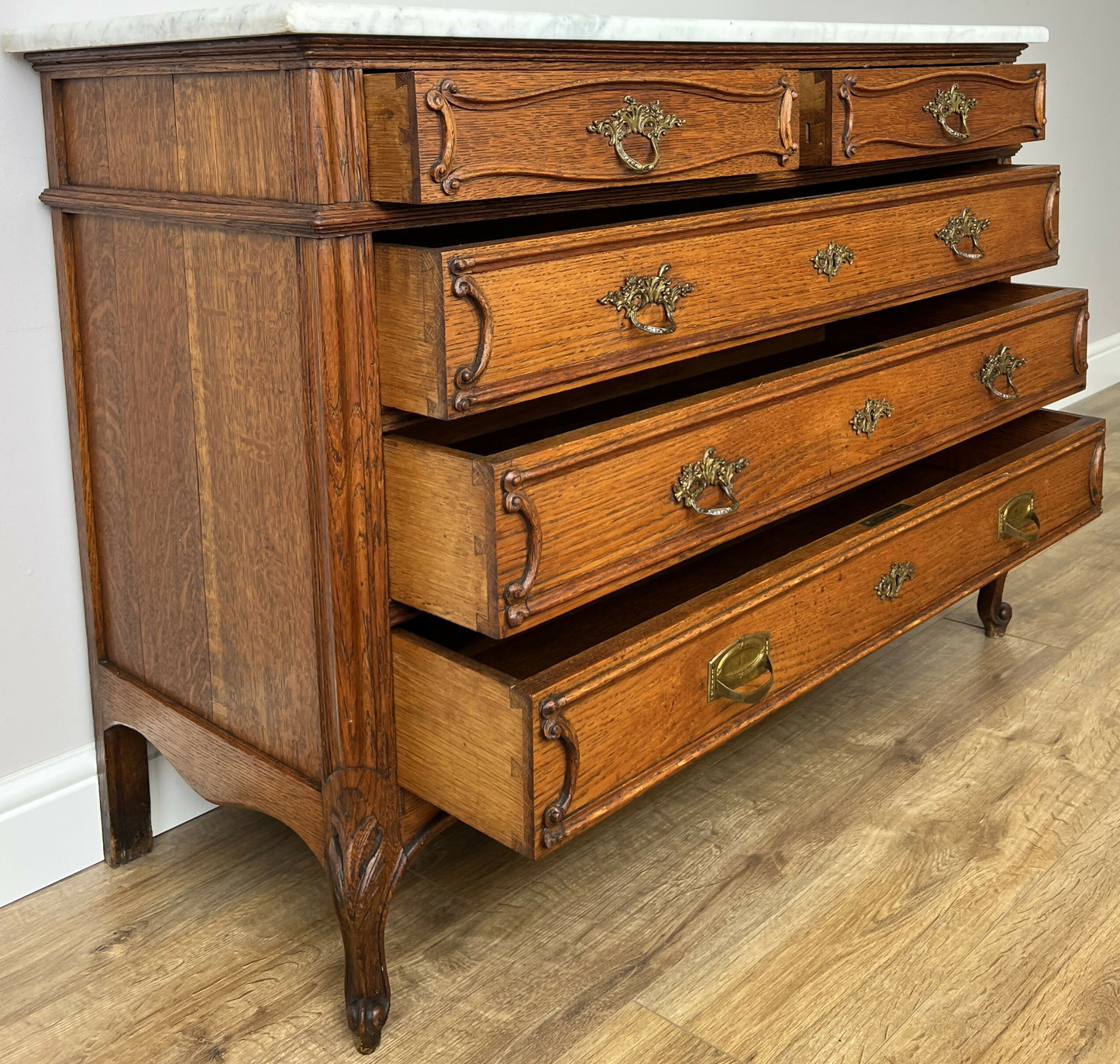 Chest of Drawers Antique French Oak Marble Top 5 Drawers Carved Cabinet LOT 6279