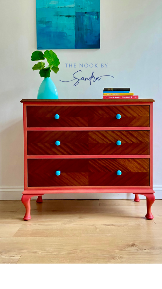 Upcycled Chest of Drawers ,Coral and Mahogany Dresser ,Upcycled Chest with Teal Knobs