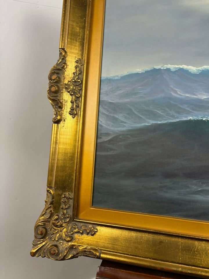 Oil on Canvas Seascape Painting – Signed “Sauli” – Ornate Gilt Frame
