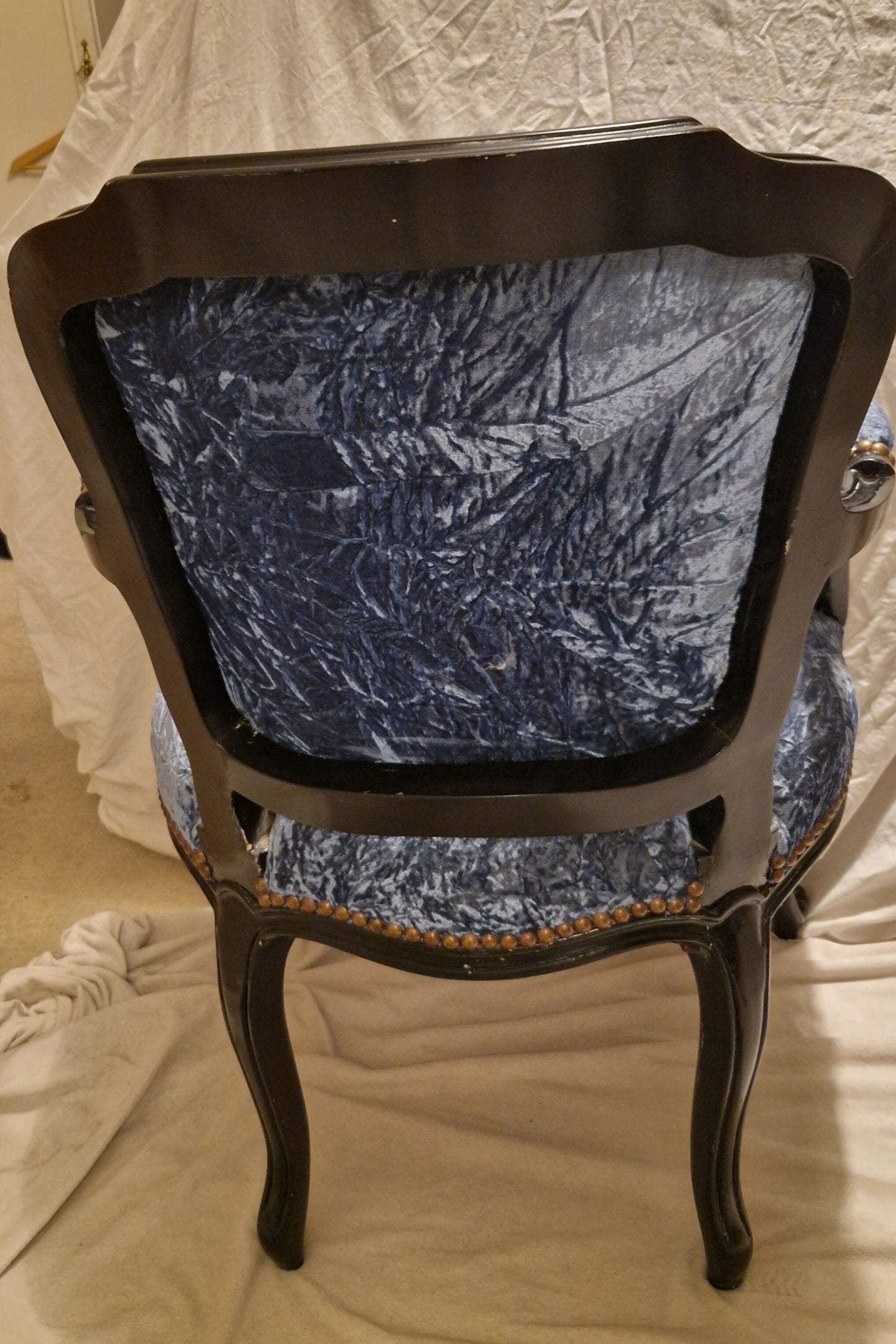 Louis XV Rococco Style Vintage Antique Chair Blue Crushed Velvet