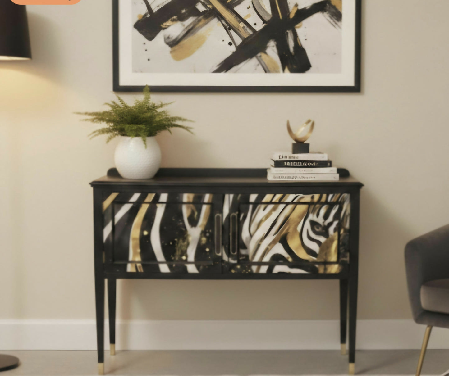 Upcycled Black Sideboard TV Stand with Zebra Print Doors | Gold Leaf Feet | Statement Cabinet | Opus Equus