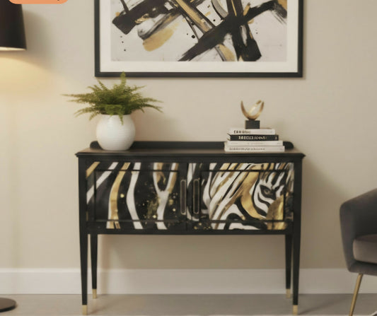 Upcycled Black Sideboard TV Stand with Zebra Print Doors | Gold Leaf Feet | Statement Cabinet | Opus Equus