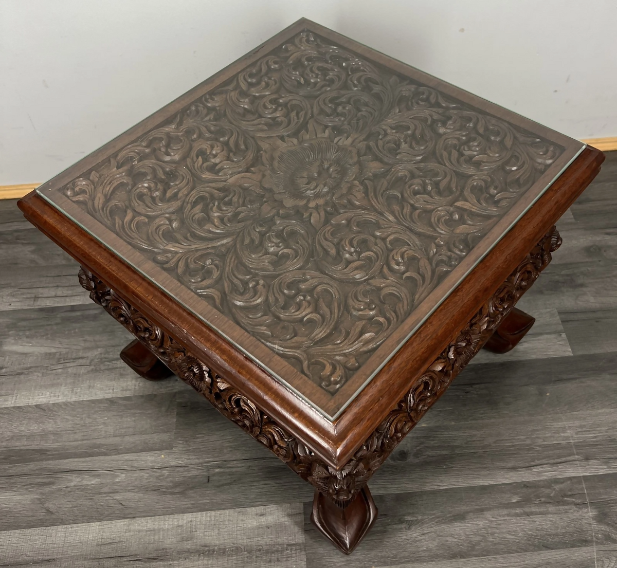 Plant Stand Chinese Mahogany Hand Carved Design Glass Top Coffee Table LOT 24327