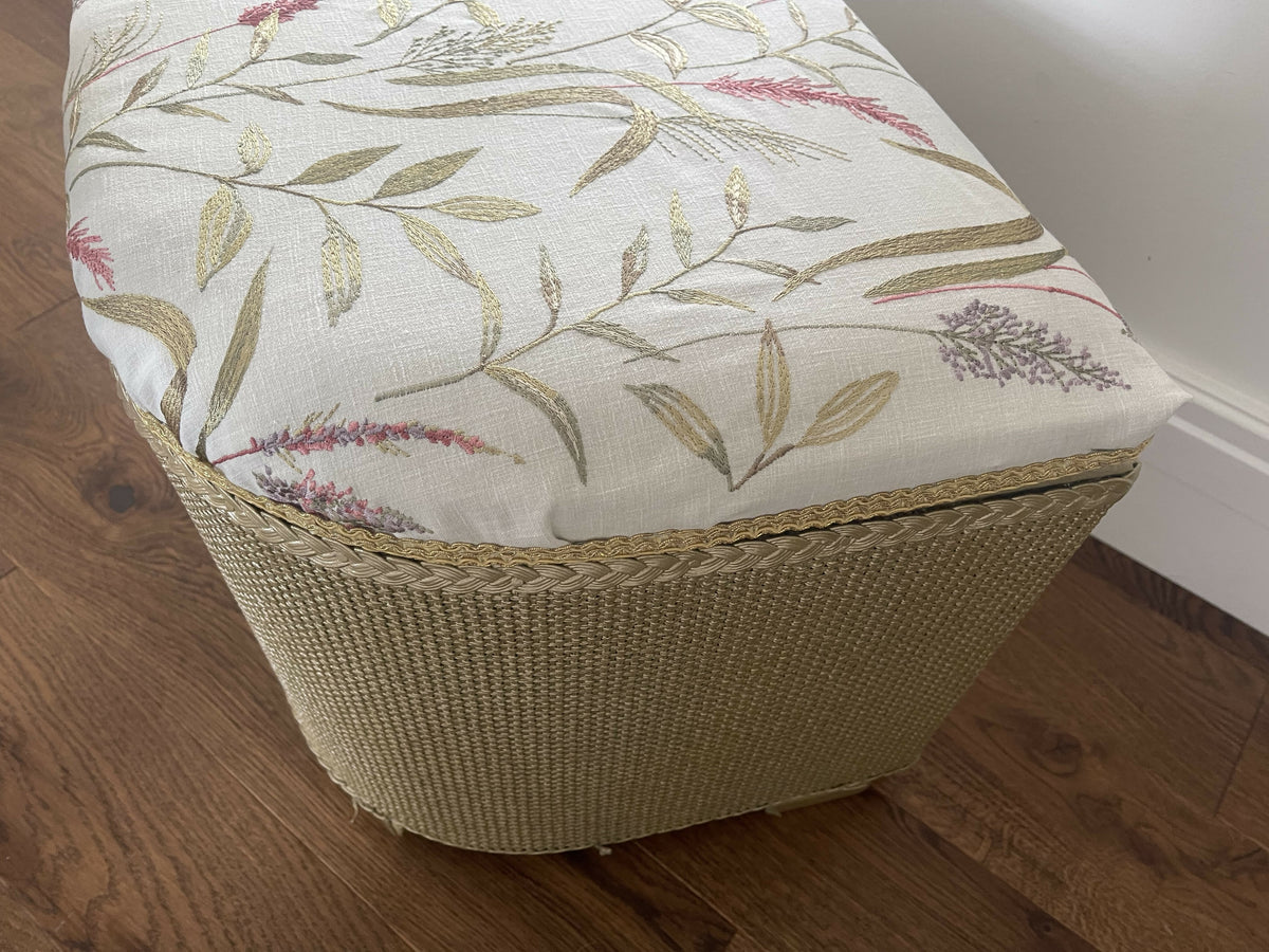 Gold painted mid century Ottoman with new marching cotton fabric top