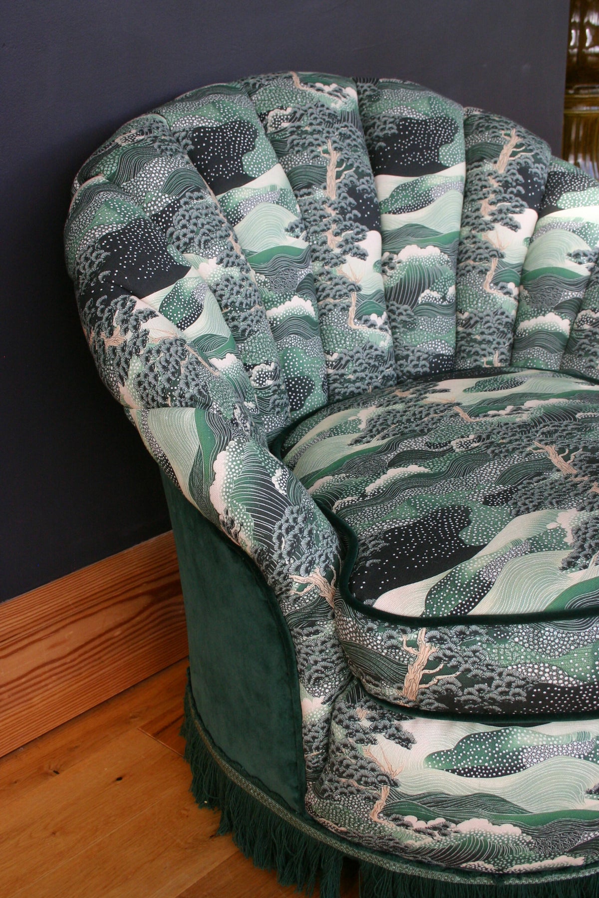 1960s Vintage Fluted Back Chair – Completely Reupholstered in Japanese-Inspired Designer Fabric