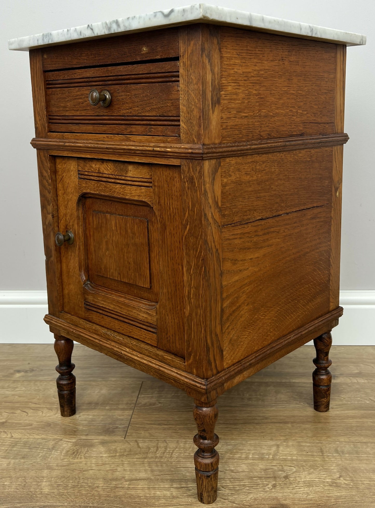 Bedside Table Antique French Style Marble Top Oak Cabinet Nightstand LOT 6235