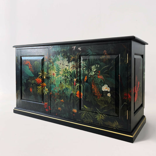 Vintage cabinet TV painted black and decorated with exotic rainforest jungle design in front and sides