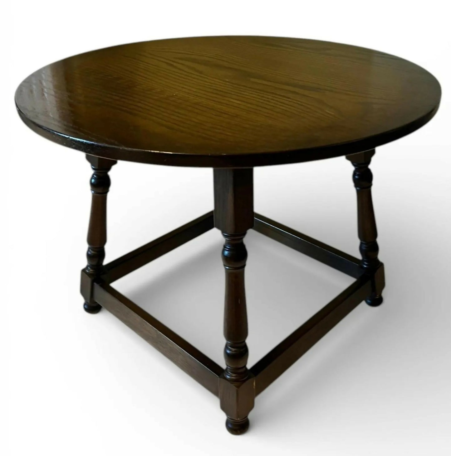 Round Wooden Side Table 66cm Diameter 49cm Height Dark Brown Turned Leg Vintage