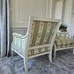 A Pair of French, Louis XVI Bergere Armchairs. Upholstered in French Embroidered Silk Upholstery Fabric