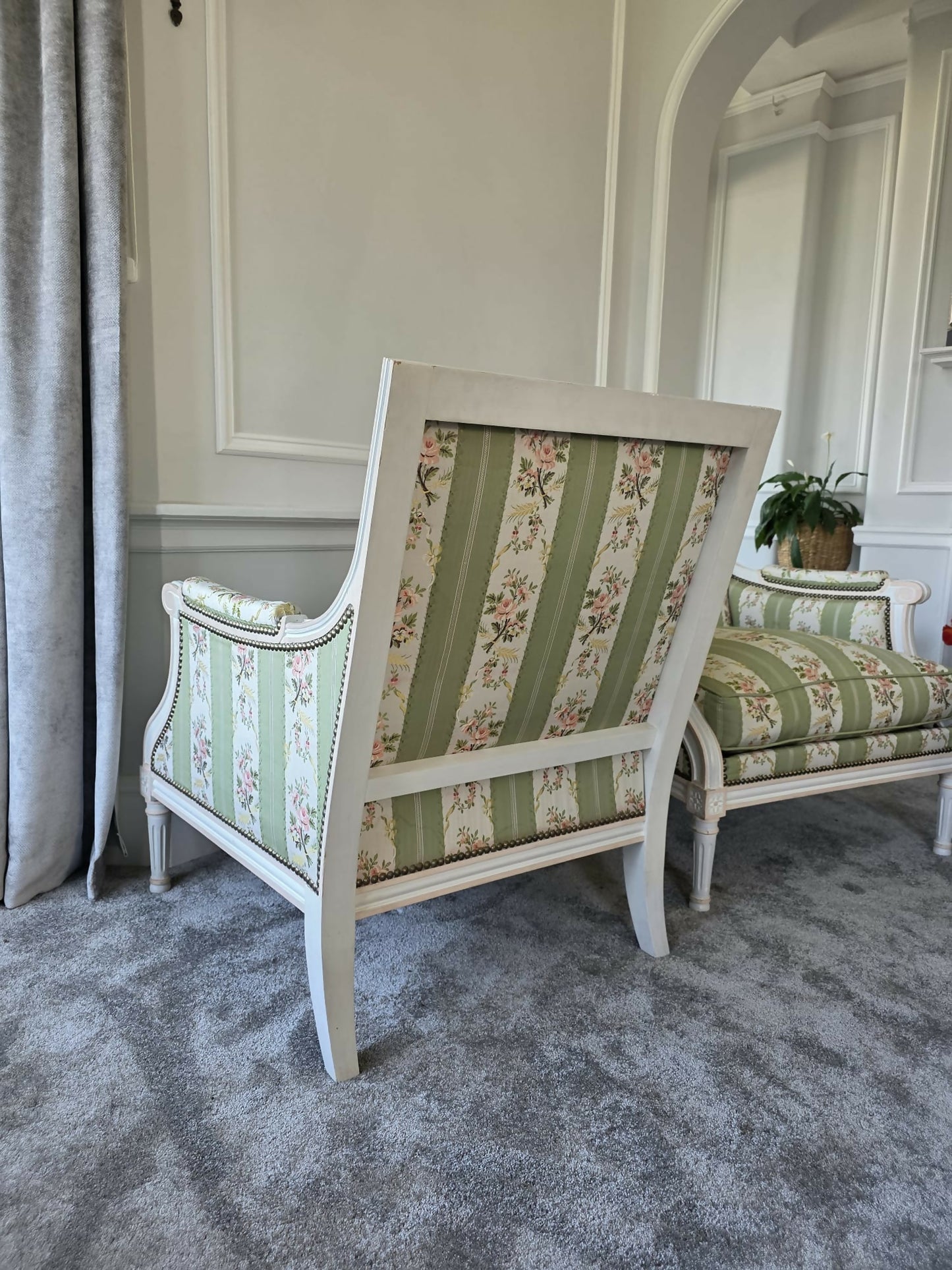 A Pair of French, Louis XVI Bergere Armchairs. Upholstered in French Embroidered Silk Upholstery Fabric