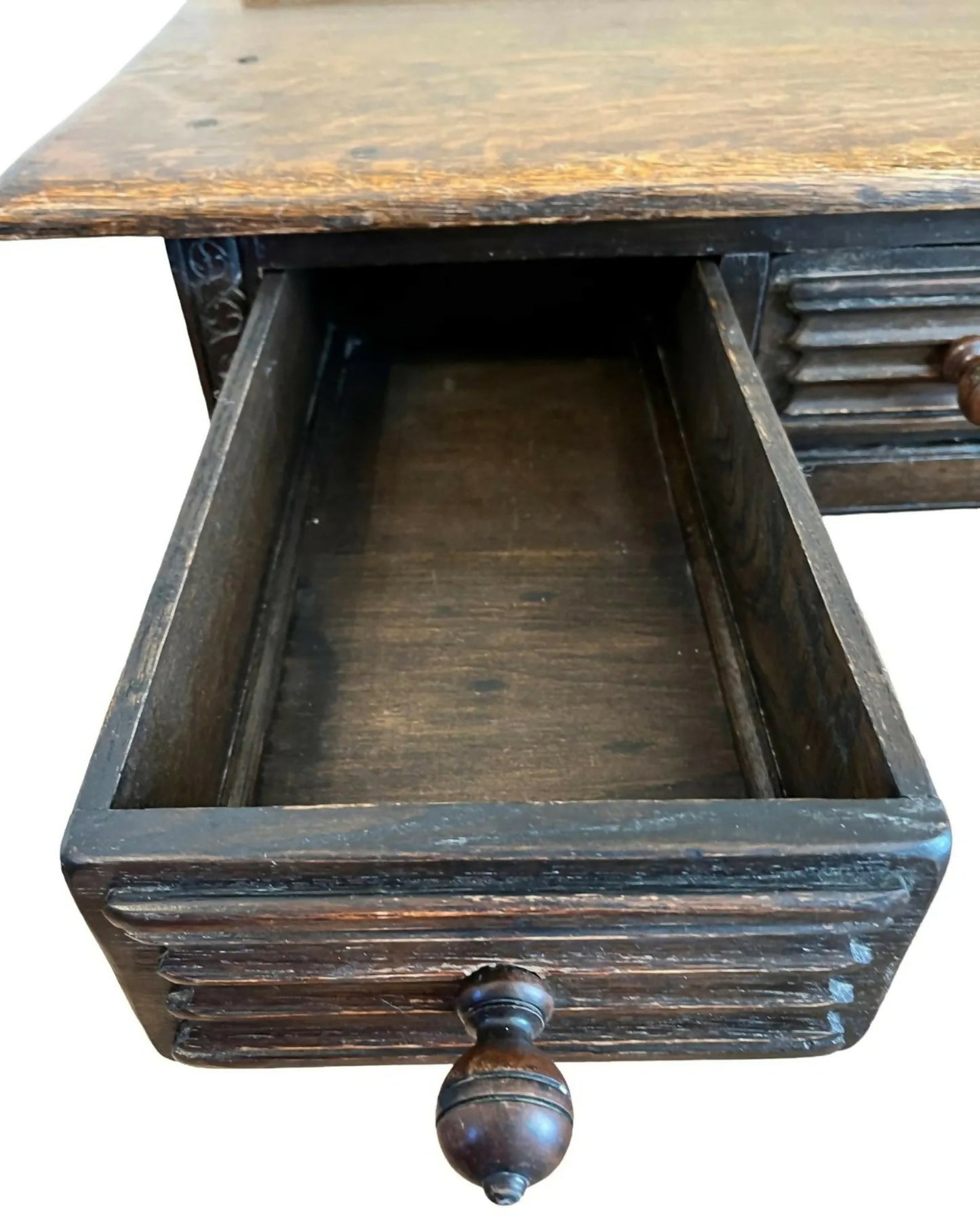 Vintage 1930s Solid Wood Desk 5 Drawer Console Table Carved Front 109cm