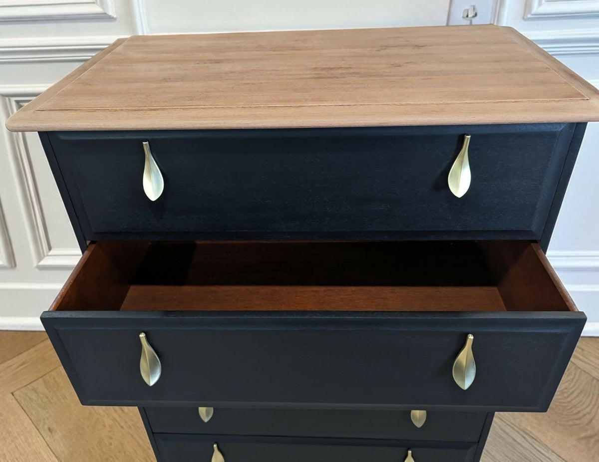 Stag minstrel black chest of drawers vintage tallboy with exposed wood top