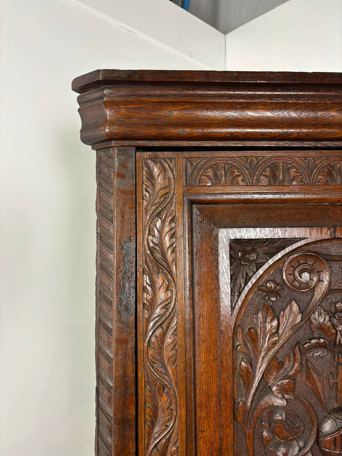 Antique Heavily Carved Oak Corner Cabinet