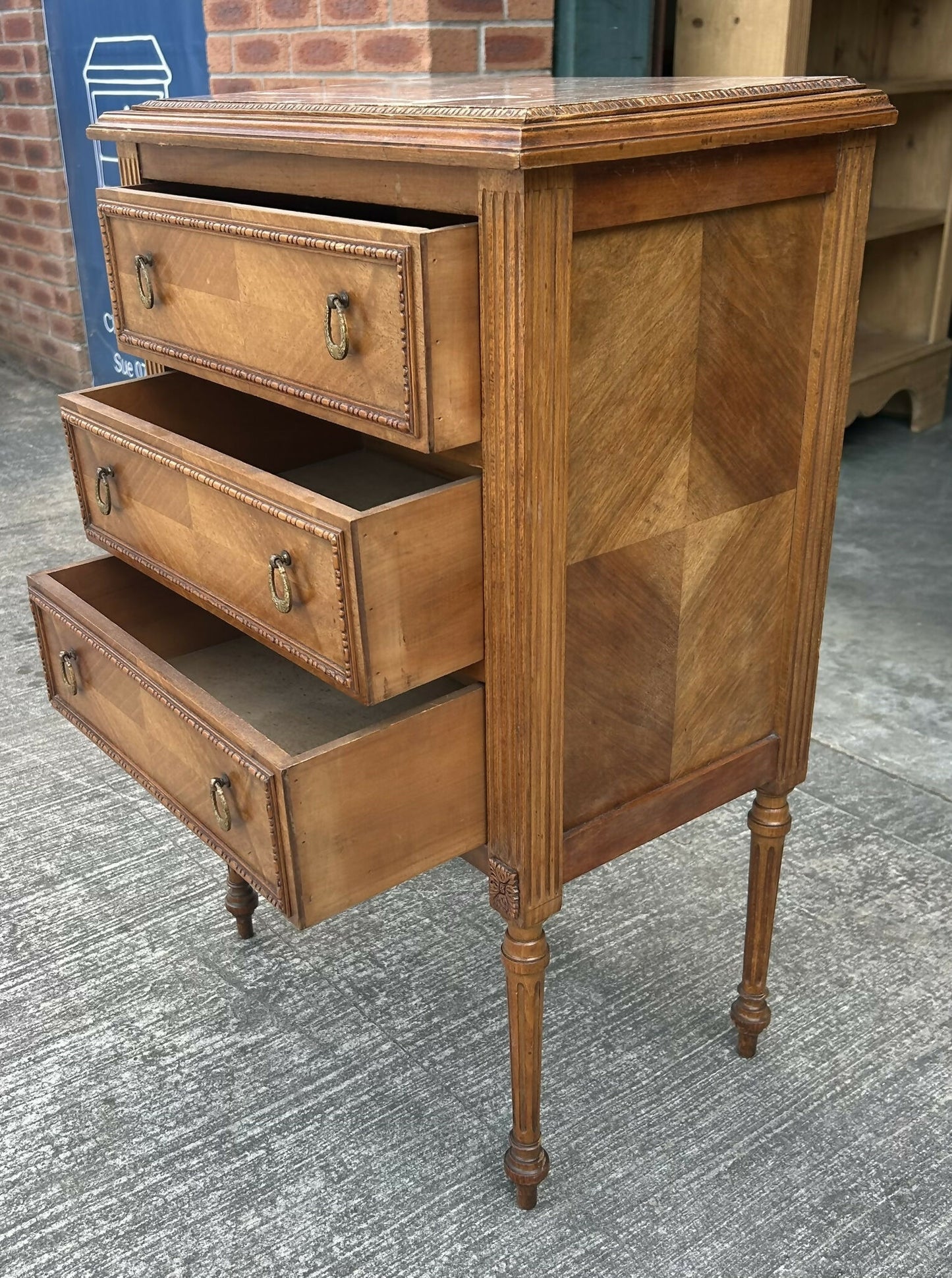 Antique French Louis XVI Style Walnut Marble Topped Bedside Chest Of Drawers
