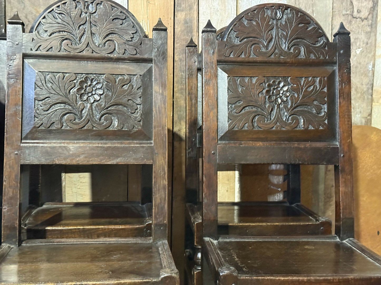 Antique Set Six 6 Oak Cromwellian Revival High Back Carved Edwardian Dining Chairs, c1920