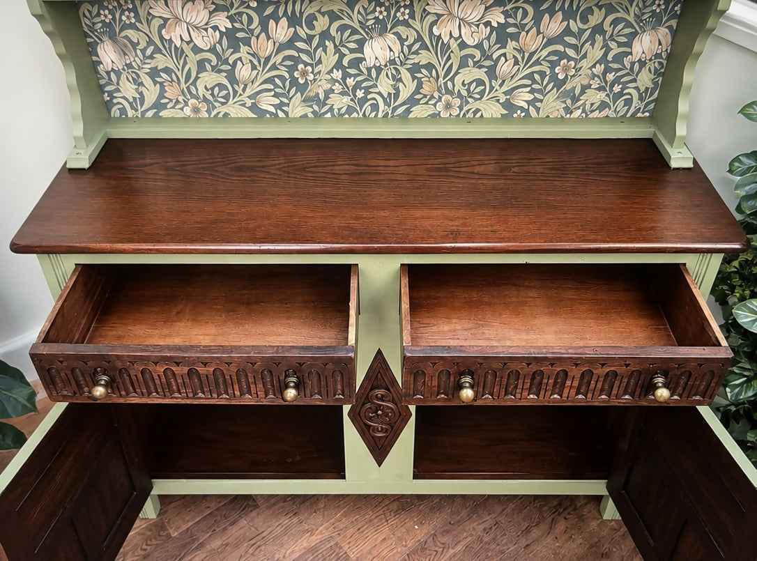 Vintage Welsh Dresser - Green, Oak & William Morris-Inspired Botanical Drinks Cabinet