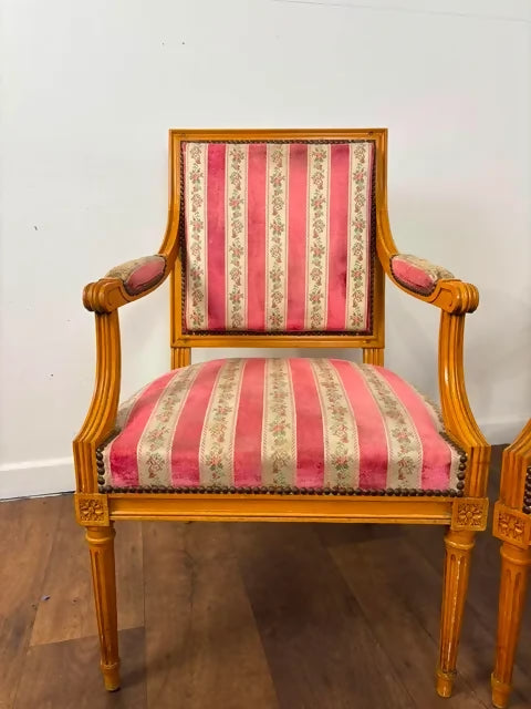Pair of French Louis XVI Style Upholstered Armchairs