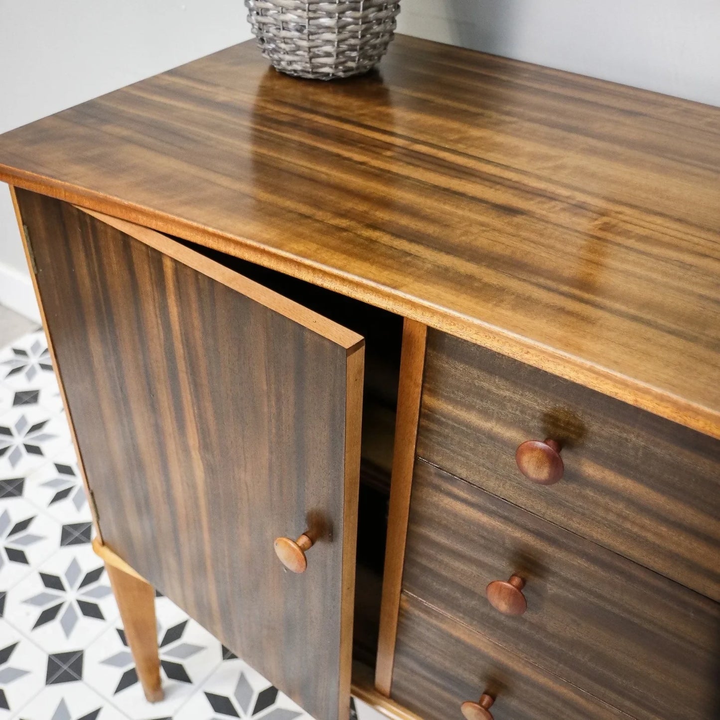 Teak Sideboard Concave Front in Afromosia and Indian Laurel Mid Century Retro Cabinet