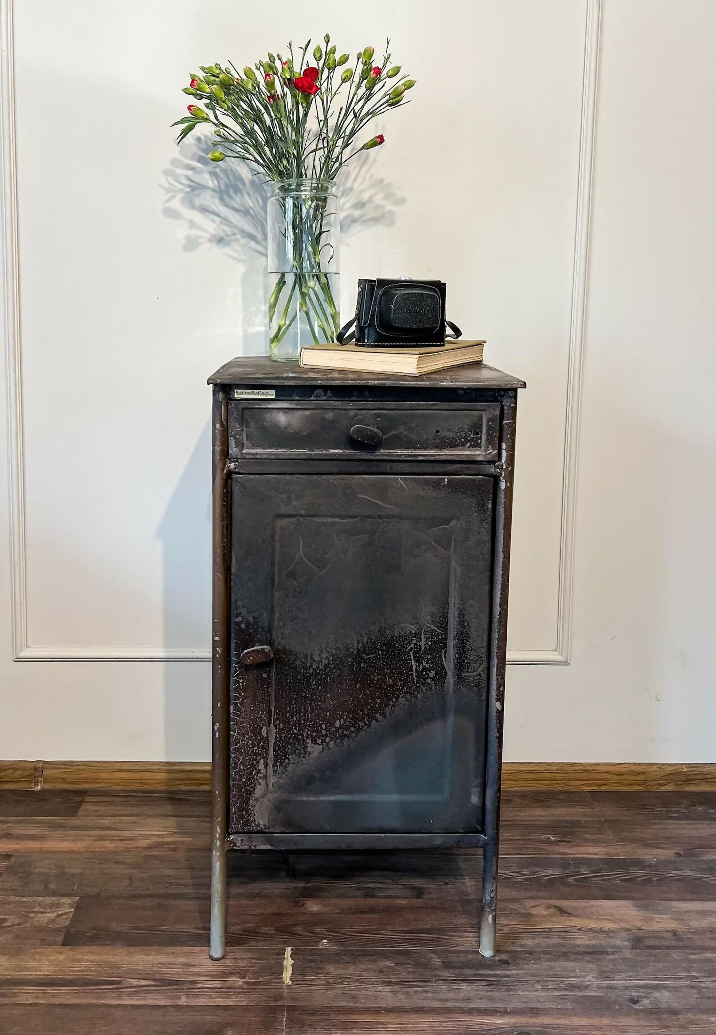 Vintage Industrial Metal Cabinet – French Steel Locker Nightstand – Military Storage Side Table – Loft Bedside Cabinet Rustic Furniture