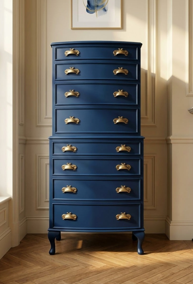 Vintage art deco Navy blue tallboy chest of drawers