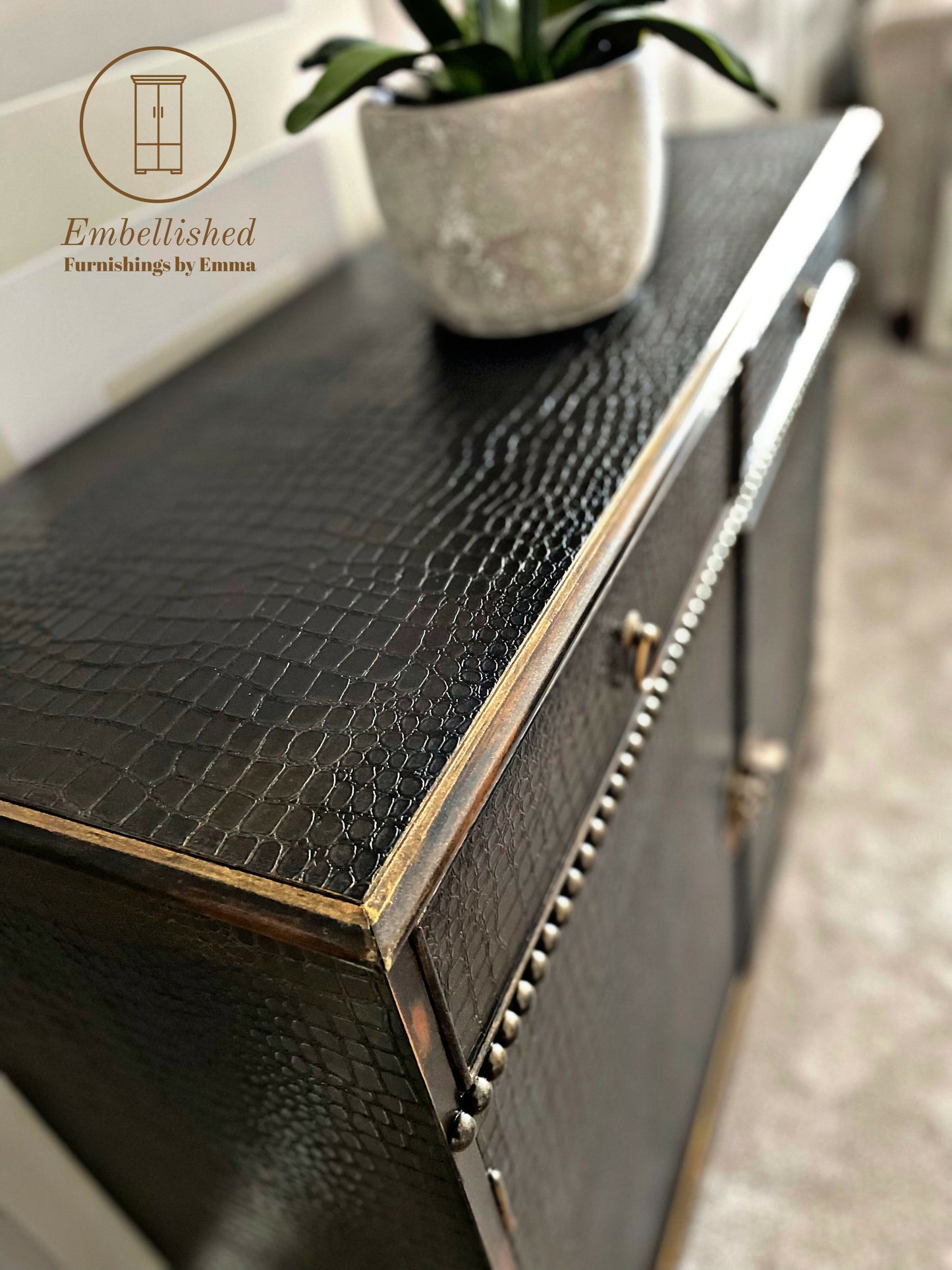 Statement cupboard/sideboard. Uniquely finished in faux crocodile effect and Embellished with golds