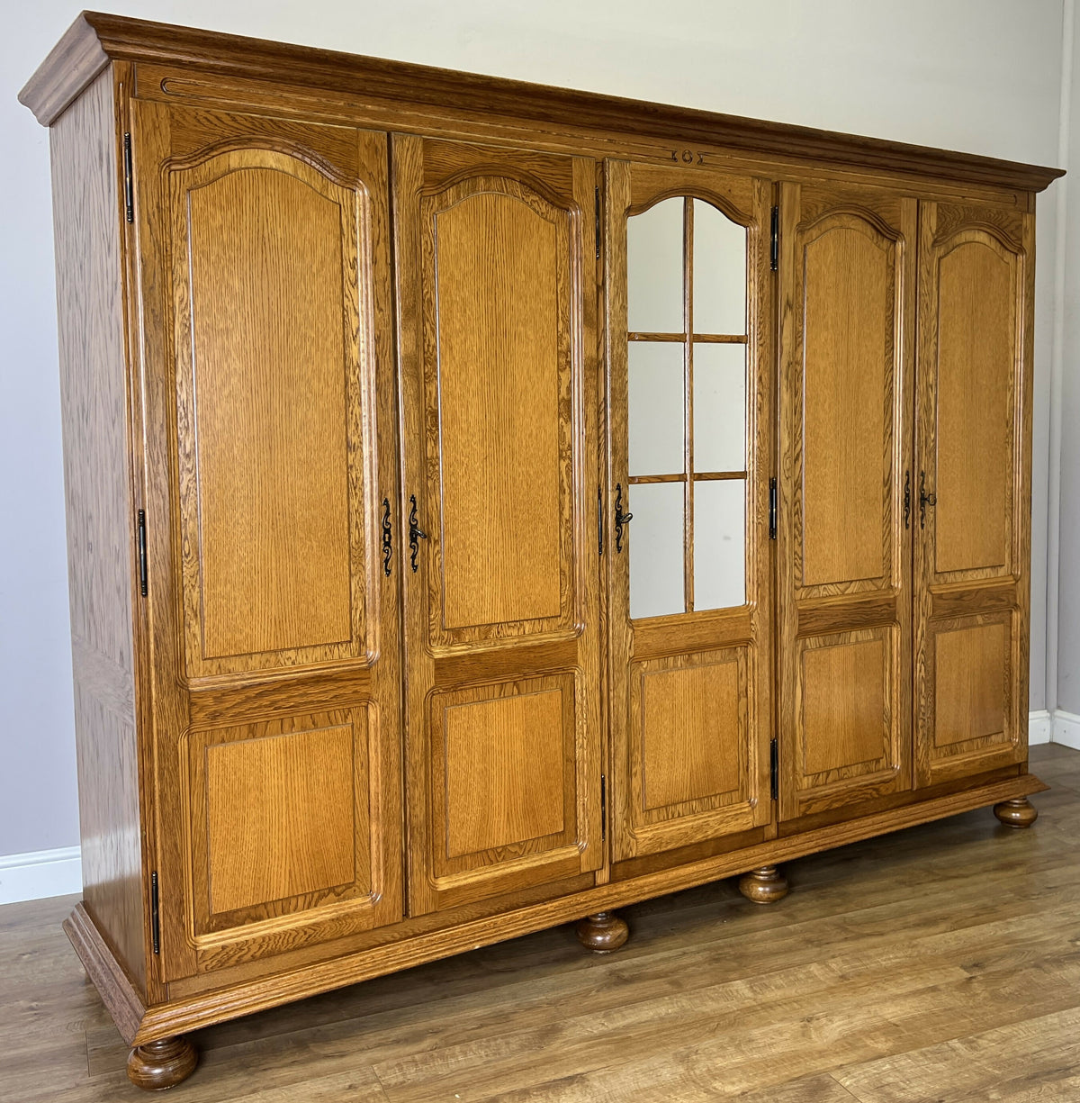 Wardrobe Vintage French Style Oak Five Door Mirrored Carved Armoire LOT 6517