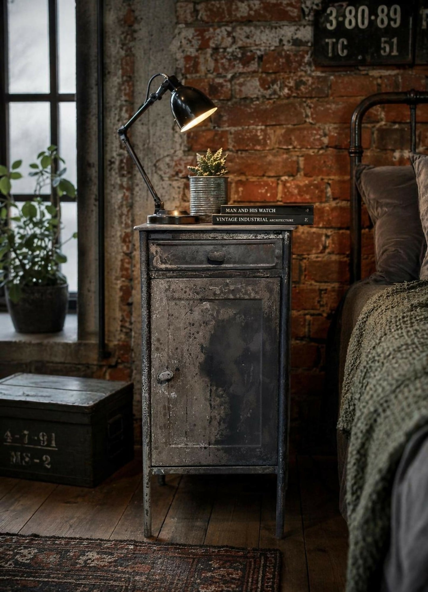 Vintage Industrial Metal Cabinet – French Steel Locker Nightstand – Military Storage Side Table – Loft Bedside Cabinet Rustic Furniture